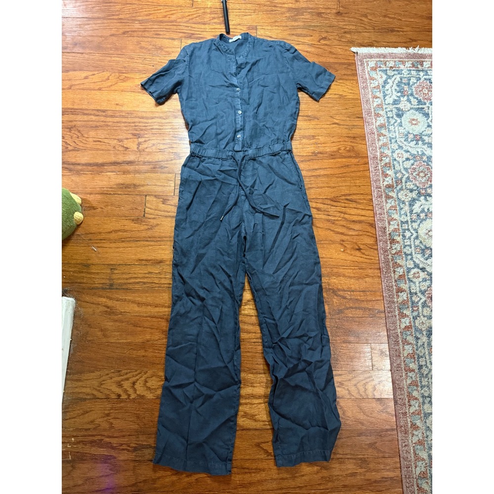 James Perse Navy Blue Linen Short Sleeve Button Front Jumpsuit size XS